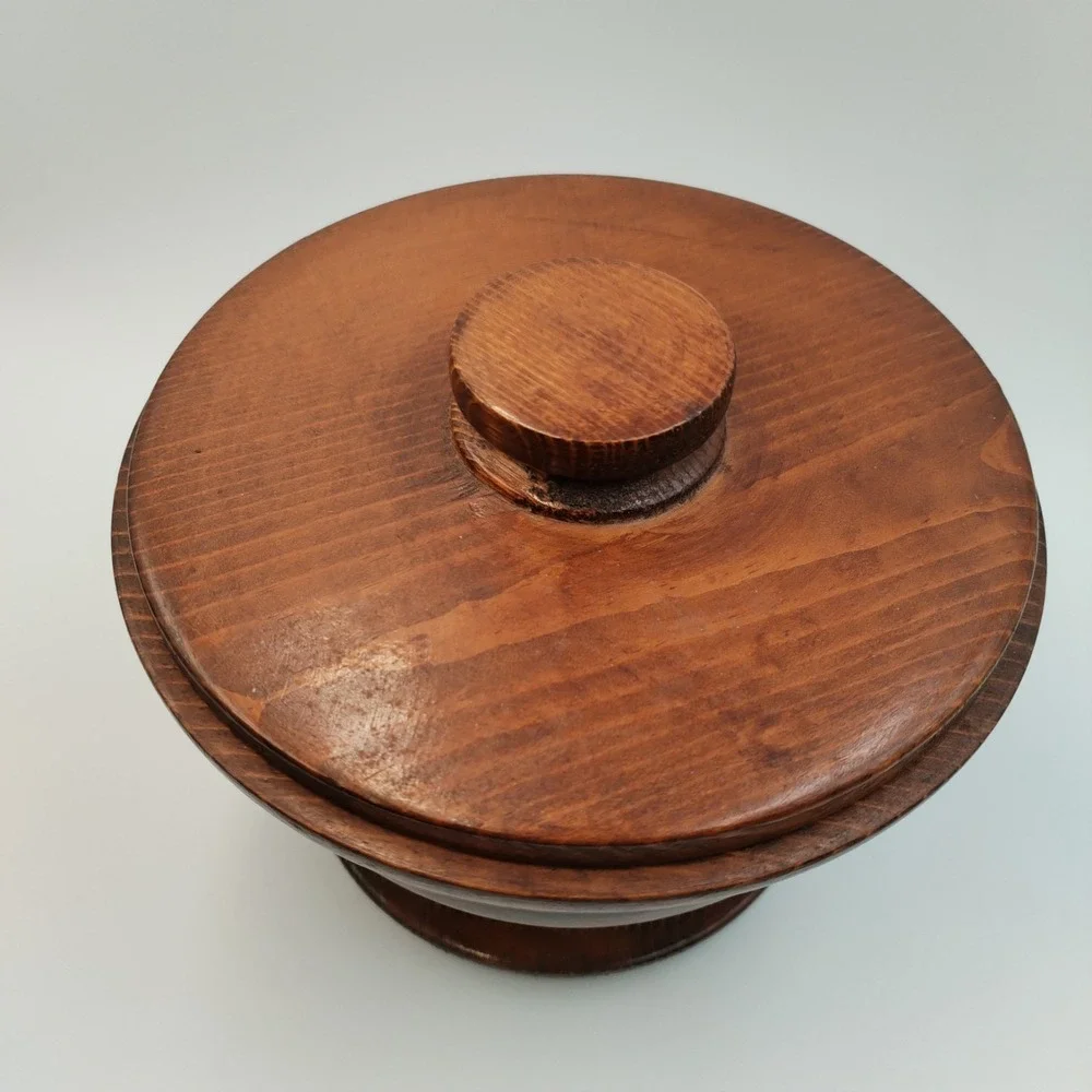 Vintage Hand Turned Wood Lidded Pedestal Bowl Artisan Signed 